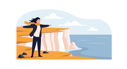 Fototapeta premium Woman Embracing Nature With Open Arms On Coastal Cliffside Landscape