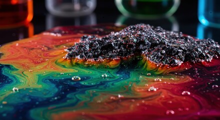 Mesmerizing interaction of black crystalline rock and vibrant swirling rainbow fluids creating an