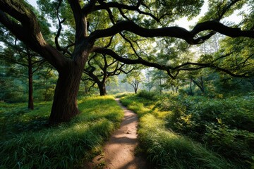 Fototapeta premium Serene morning walk along a winding path in a lush green forest surrounded by majestic trees in soft sunlight