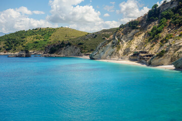 Obraz premium panoramic view of Shpella and Pellumbave beach in Saranda, Albanian riviera