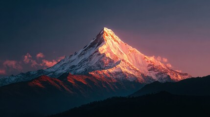 Mountain peak glowing in first light of sunrise surrounded by dark valleys below