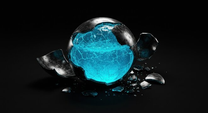 Shattered metallic orb revealing luminous core, symbolizes destruction and rebirth with futuristic - Powered by Adobe