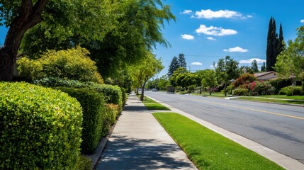 Obraz premium Quiet suburban road lined with trimmed bushes and clean sidewalks under sunny sky
