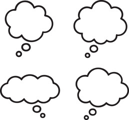 Fototapeta premium Set of four simple outlined thought bubbles. Vector icons representing concepts, ideas, thinking, and communication on a white background.
