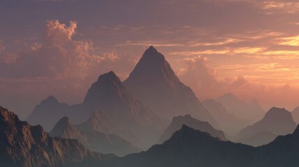 Sharp mountain peaks silhouetted against vibrant sunset sky in wilderness