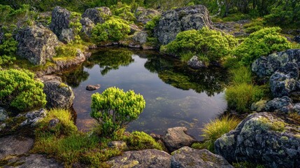 Fototapeta premium Small pond surrounded by moss-covered stones and wild greenery under soft light