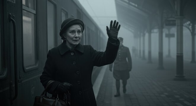 A poignant farewell at a misty train station evokes feelings of nostalgia and separation against a