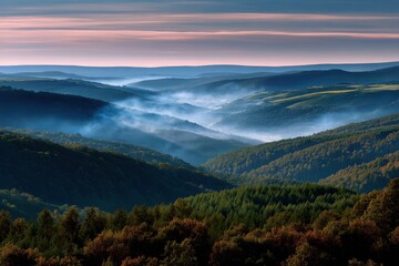 Misty valleys embrace the dawn light in a serene forest landscape of rolling hills and soft morning fog