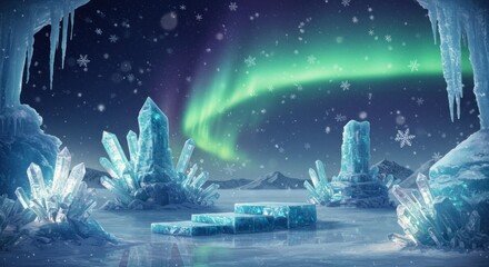 Enchanting winter scene with shimmering crystals, aurora borealis and floating snowflakes creating