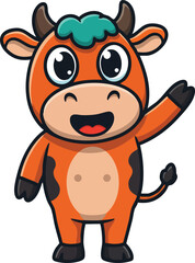 Fototapeta premium Cute cartoon cow character waving hand in playful pose vector illustration for children and farm themes 