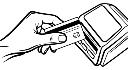 Hand Inserting Credit Card Into Payment Terminal in Black and White Illustration