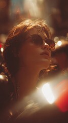 Fototapeta premium Beautiful woman with short hair and sunglasses looking into distance with blurred traffic and warm flares in background.