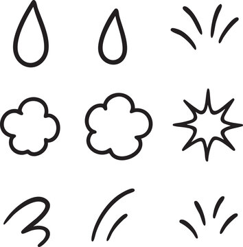 Expressive doodle icon set. Simple hand-drawn illustrations of weather and action symbols like clouds, rain, and sparks.
