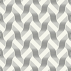 Vector seamless pattern. Endless, stylish, tileable design. Rippled, monochrome, geometric background. Linear, weaved grid. Thin, interlaced swatch. Can be used as a swatch for Illustrator.