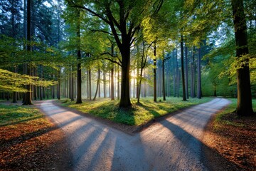 Majestic forest pathway illuminated by morning light as shadows stretch across the crossroad in a serene natural landscape