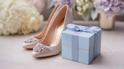 Elegant Bridal Heels with Rhinestone Detail Gift Box Wedding Shoes Present Luxury Accessories Fashionable Footwear Bridal Shower Party Special Occasion chic blue rose soft event   