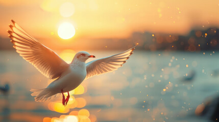 Fototapeta premium A seagull soars gracefully in front of a golden sunset, its wings outstretched, capturing a moment of freedom.