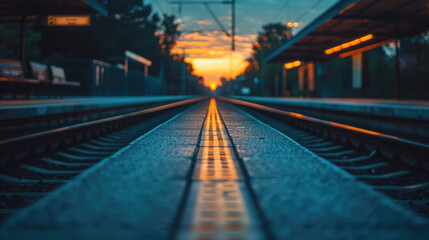 Fototapeta premium A train platform at dusk, the rails stretching toward the horizon with the light of the setting sun.