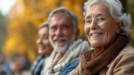 Smiling seniors enjoying an autumn day together in the park, radiating warmth and happiness.