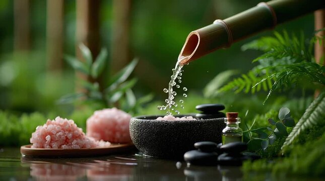Tranquil spa setup featuring bamboo water fountain, smooth stones, and pink salt beside lush greenery, creating a serene atmosphere for relaxation and rejuvenation