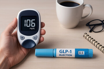 GLP-1 injection pen, diabetes control, blood sugar monitoring, semaglutide treatment, metabolic health, medical device, home routine, modern healthcare, hormone therapy, chronic condition management