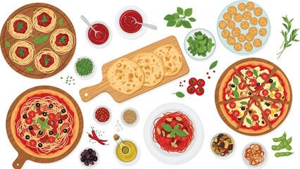 An overhead view of various italian dishes including pizza pasta and flatbread on white background