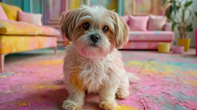 Cute fluffy dog sitting on colorful floor, playful mood