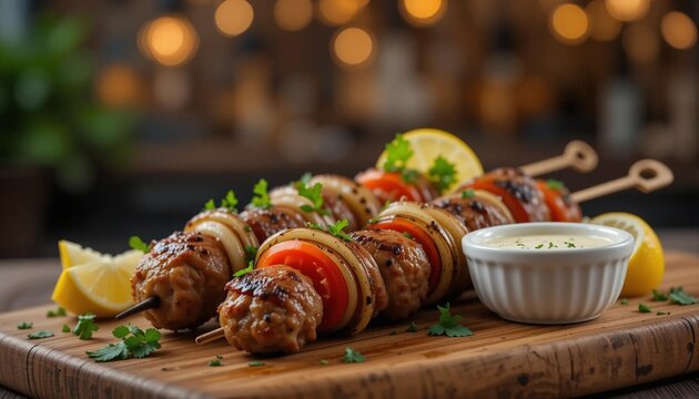 Grilled kafta Skewers With Vegetables And Sauce