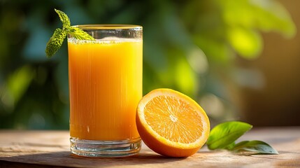 Fototapeta premium Refreshing Glass Orange Juice Summer Drink Healthy Vitamin C Tropical Fruit Beverage Delicious Tasty Natural Organic Cold Fresh Citrus Morning Sunlight Wooden Table food diet mint