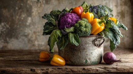 Colorful vegetables in rustic tin