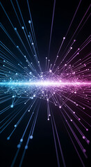 Obraz premium An abstract visualization of a vast data network, featuring glowing lines and nodes expanding outwards into a dark, ethereal space. Colors subtly shift from cool blues to warm purples, symbolizing com