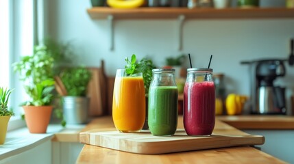 Fototapeta premium Fresh and Healthy Juice Selection in Bright Kitchen Setting