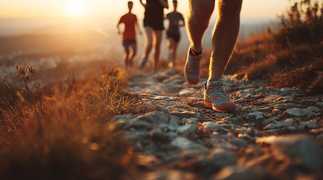 Trail Running Runners Sunset Golden Hour Athletic People Fitness Exercise Outdoor Sport Active Lifestyle Healthy Summer Nature Jogging Endurance Running Shoes Mountain team path   