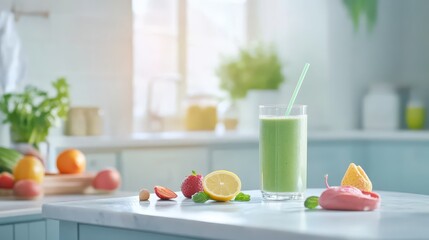 Fototapeta premium Fresh Green Smoothie with Fruits and Ingredients in Modern Kitchen