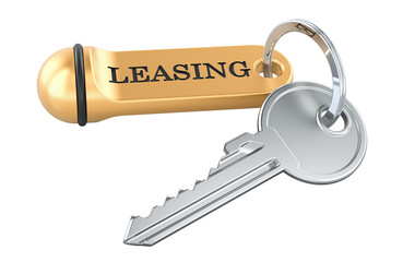 Leasing concept, metal key with tag. 3D rendering isolated on transparent background