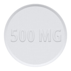 White round tablet with 500 mg embossing. 3D rendering isolated on transparent background