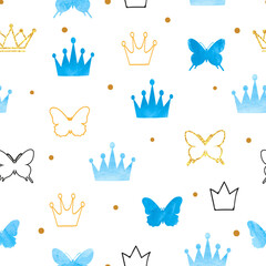 Little prince pattern with blue crowns and butterflies. Seamless baby shower vector illustration