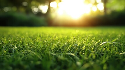 Naklejka premium Lush Green Grass with Warm Glowing Light in Natural Outdoor Setting