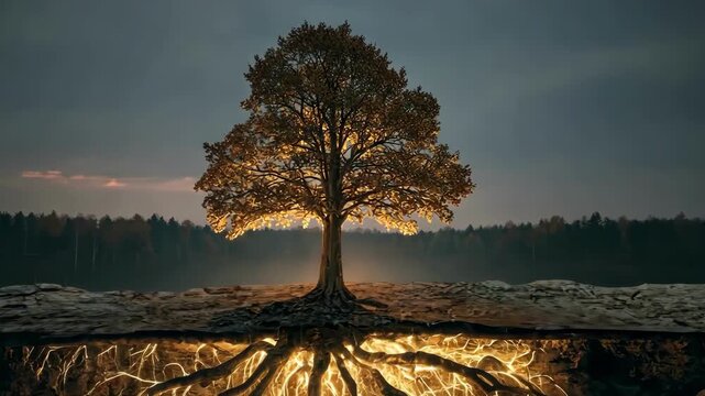 Glowing tree roots beneath a majestic tree at dusk. Mystical, nature, growth.