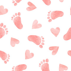 Seamless pattern with kids foot prints and hearts. Baby shower watercolor vector illustration