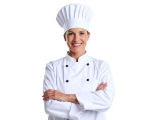 Portrait of a smiling female chef in a white uniform and hat, with arms crossed, against a white background.