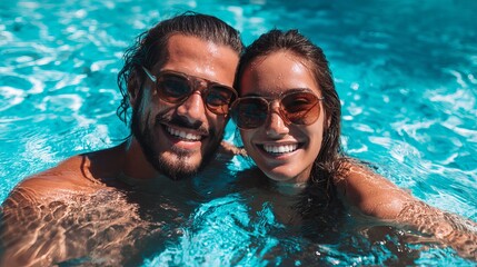 Happy Couple Enjoying Summer Pool Day Romantic Vacation Turquoise Water Smiling Faces Sunglasses Relaxing Time Tropical Getaway Summertime Fun Couple Goals Poolside Relaxation love