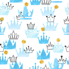 Little prince seamless pattern in blue and golden colors. Vector baby shower print with watercolor crowns