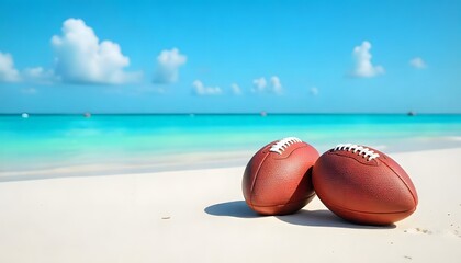 Footballs resting on tropical sandy beach under clear blue sky. Balls placed on sand near turquoise water. Palm trees, sunlight create vacation atmosphere, leisure, fun, created with generative ai