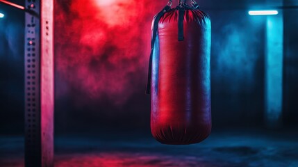 Red and Black Boxing Bag Suspended in Dramatic Lighting Atmosphere