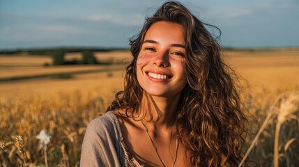 Beautiful Smiling Woman Golden Wheat Field Summer Nature Portrait Happy Girl Long Brown Curly Hair Outdoors Sunshine Warm Light Pleasant Expression Positive Energy       