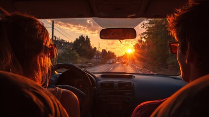Romantic Sunset Drive Couple Road Trip Golden Hour Car Interior Adventure Journey Travel Vacation Summer Evening Scenic Route Highway Freedom Happiness Young Adults sky