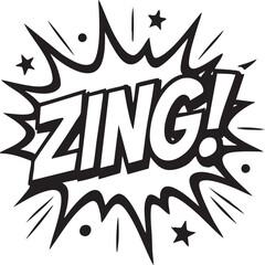 Energetic Zing! Comic Explosion Graphic, Bursting with Bold Typography and Star Accents, Ideal for Dynamic Designs and Illustrations