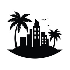 Striking black silhouette of a vibrant coastal city skyline with lush palm trees