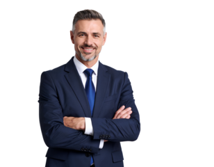 Confident businessman with arms crossed, smiling warmly against a white background.